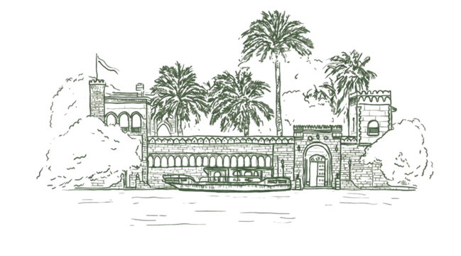 An olive-green illustration of Dahab Island Palace, framed by palm trees on the Nile